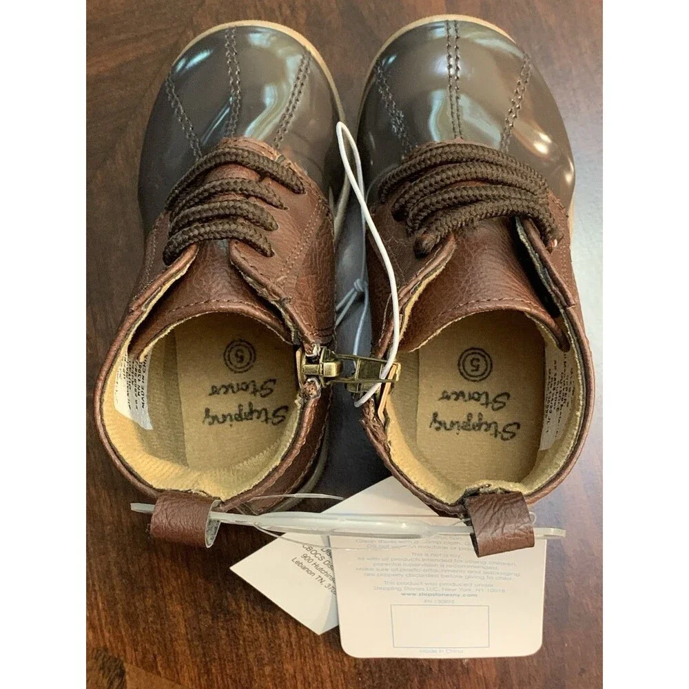 Stepping Stones Brown Toddler Duck Boots Baby Shoes Size 5 Lace Up Side Zipper